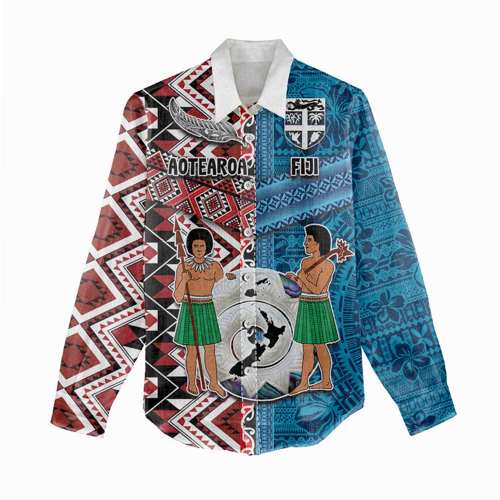 Personalised Aotearoa and Fiji Together Women Casual Shirt Melanesian Warrior and Koru - Taniko with Hibiscus Tapa Pattern LT03 - Polynesian Pride