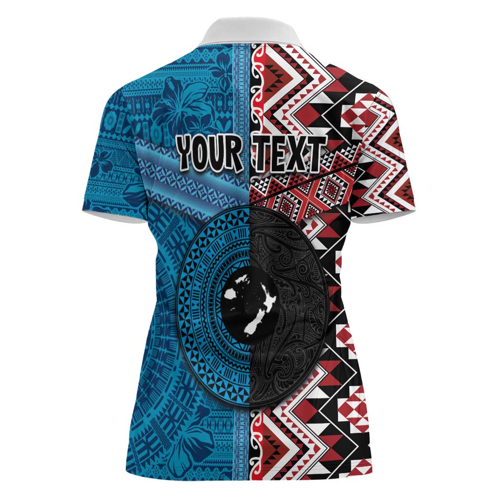 Personalised Aotearoa and Fiji Together Women Polo Shirt Melanesian Warrior and Koru - Taniko with Hibiscus Tapa Pattern LT03 - Polynesian Pride