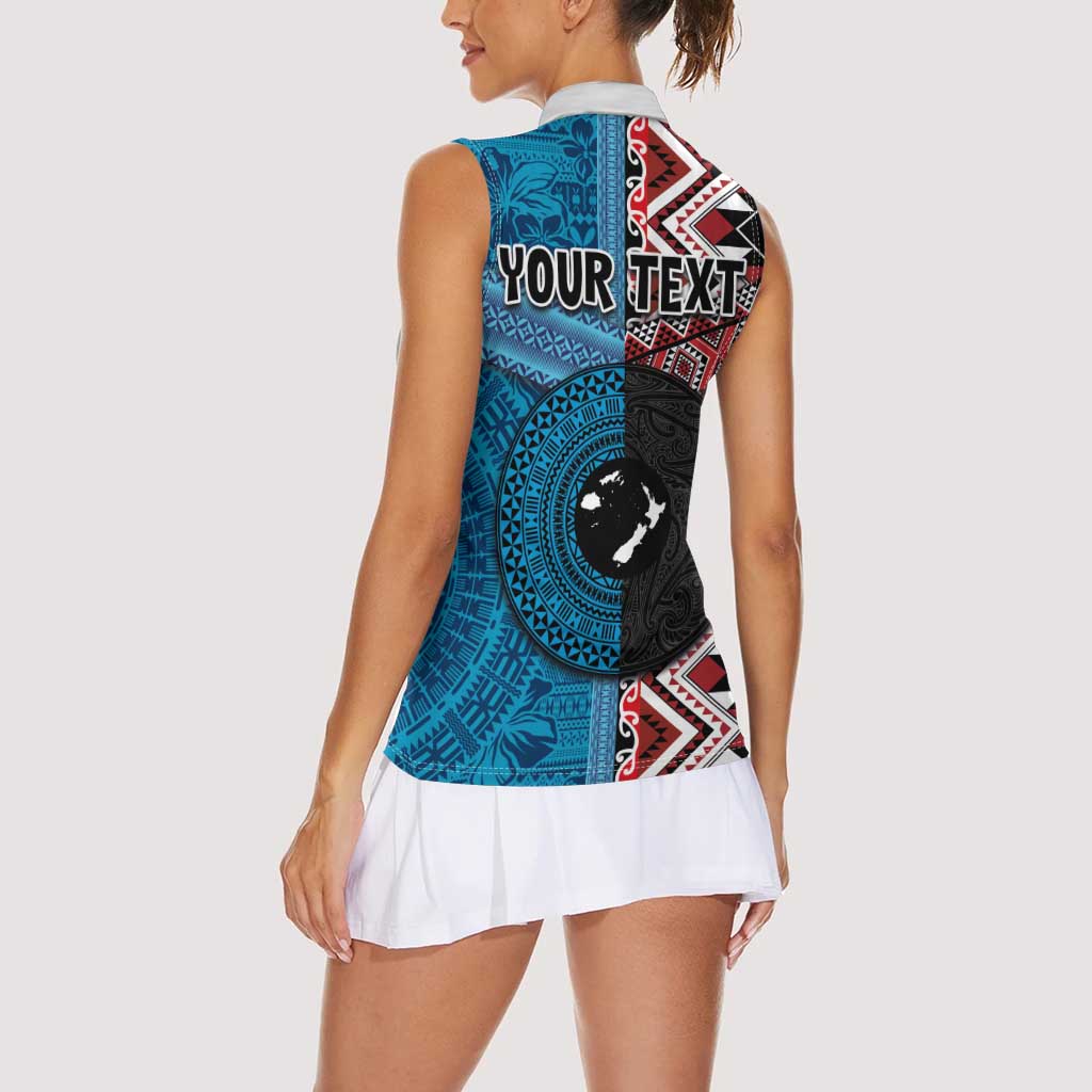 Personalised Aotearoa and Fiji Together Women Sleeveless Polo Shirt Melanesian Warrior and Koru - Taniko with Hibiscus Tapa Pattern LT03 - Polynesian Pride