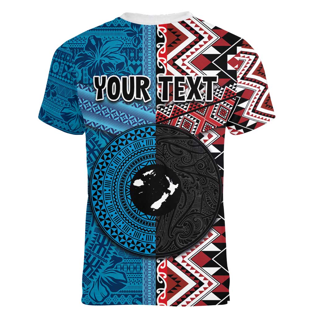 Personalised Aotearoa and Fiji Together Women V-Neck T-Shirt Melanesian Warrior and Koru - Taniko with Hibiscus Tapa Pattern