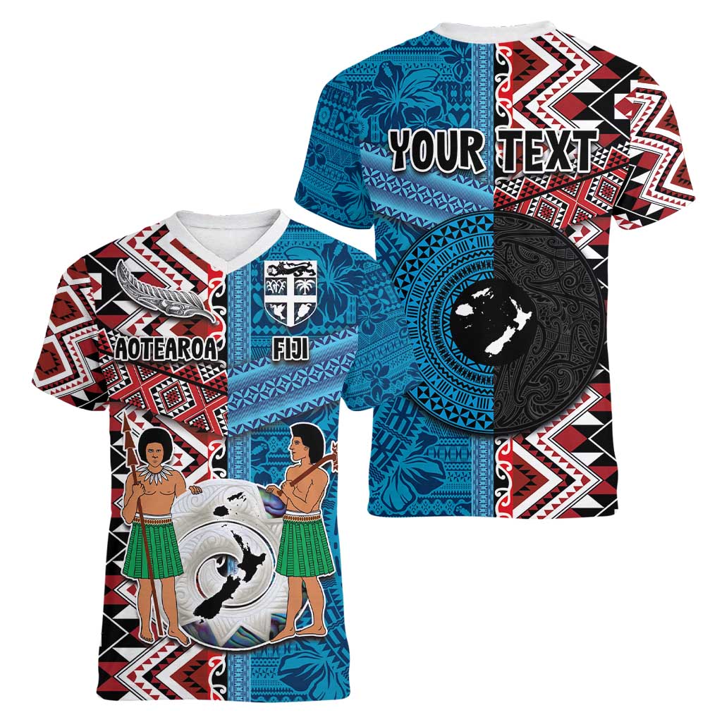 Personalised Aotearoa and Fiji Together Women V-Neck T-Shirt Melanesian Warrior and Koru - Taniko with Hibiscus Tapa Pattern