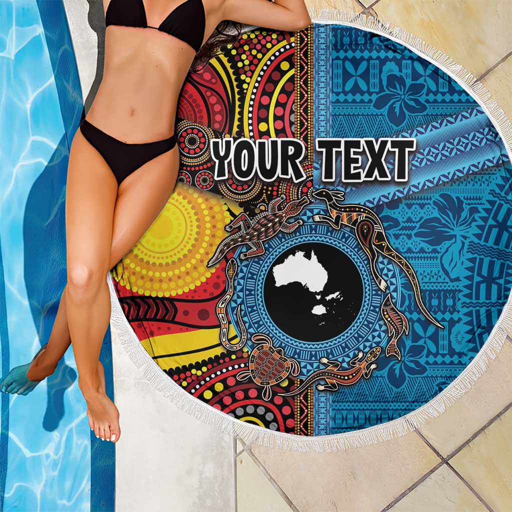 Personalised Australia and Fiji Together Beach Blanket Tribal Palm Tree with Tapa and Aboriginal Animals Half Style