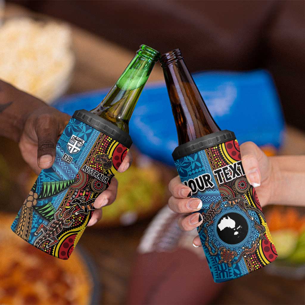 Personalised Australia and Fiji Together 4 in 1 Can Cooler Tumbler Tribal Palm Tree with Tapa and Aboriginal Animals Half Style