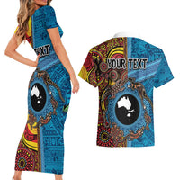 Personalised Australia and Fiji Together Couples Matching Short Sleeve Bodycon Dress and Hawaiian Shirt Tribal Palm Tree with Tapa and Aboriginal Animals Half Style