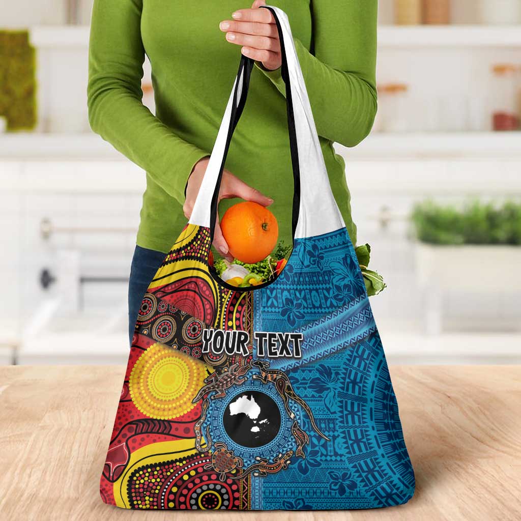 Personalised Australia and Fiji Together Grocery Bag Tribal Palm Tree with Tapa and Aboriginal Animals Half Style