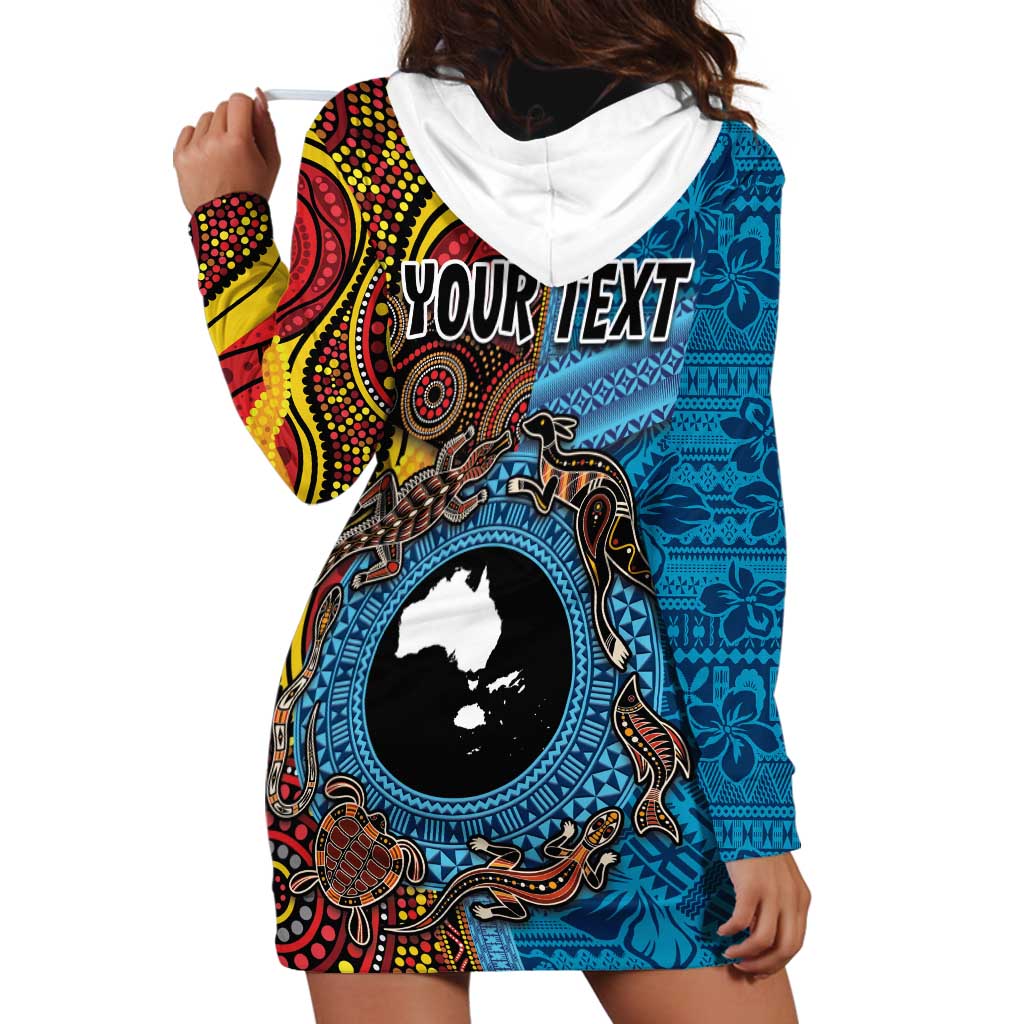 Personalised Australia and Fiji Together Hoodie Dress Tribal Palm Tree with Tapa and Aboriginal Animals Half Style LT03 - Polynesian Pride