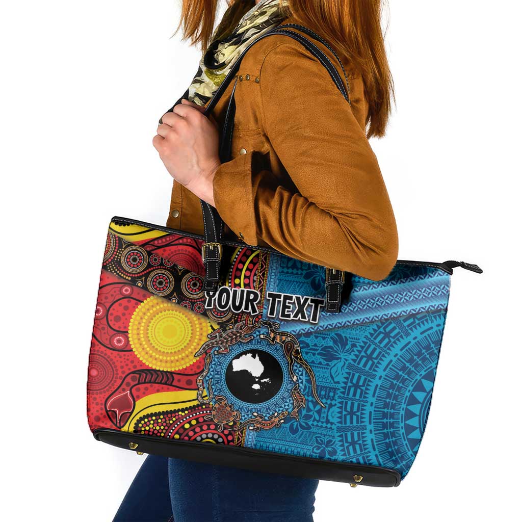 Personalised Australia and Fiji Together Leather Tote Bag Tribal Palm Tree with Tapa and Aboriginal Animals Half Style