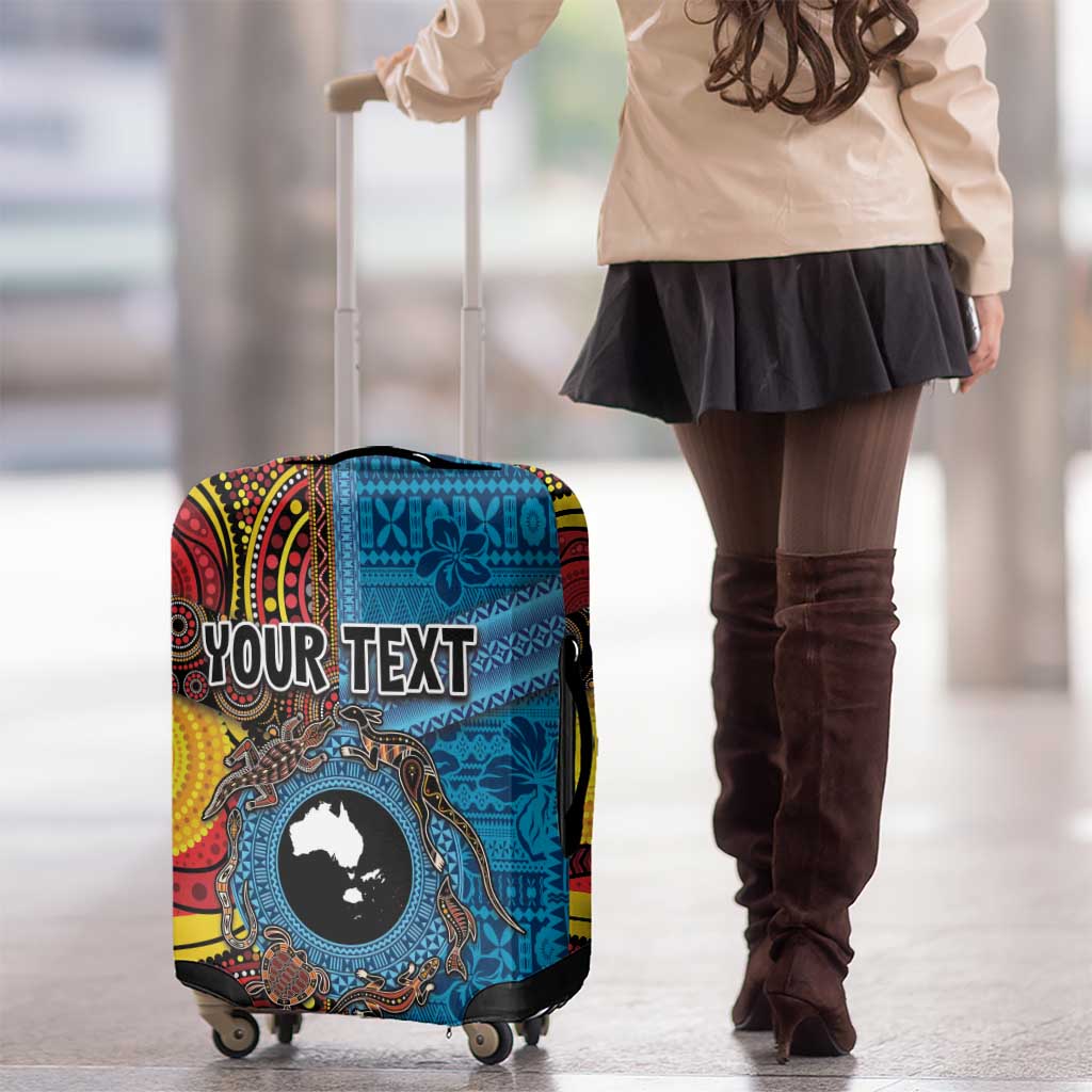 Personalised Australia and Fiji Together Luggage Cover Tribal Palm Tree with Tapa and Aboriginal Animals Half Style