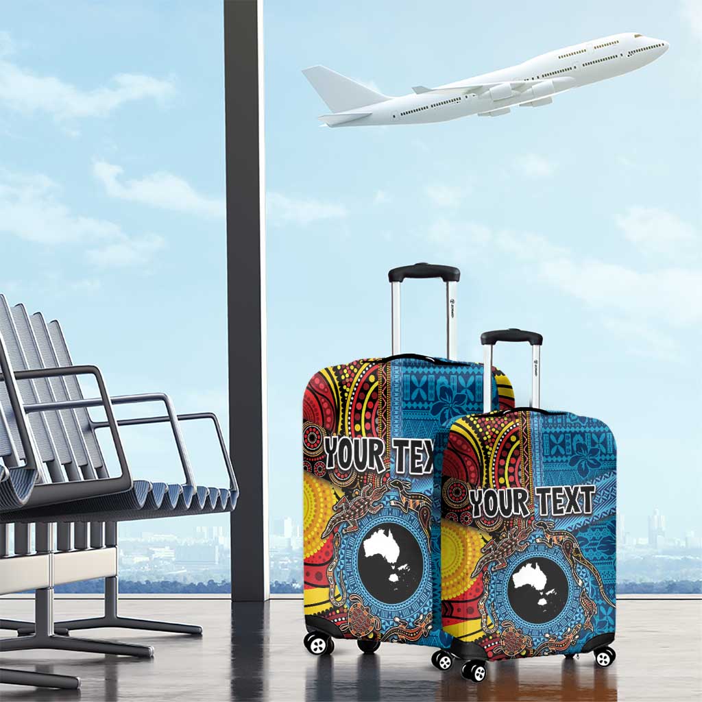 Personalised Australia and Fiji Together Luggage Cover Tribal Palm Tree with Tapa and Aboriginal Animals Half Style
