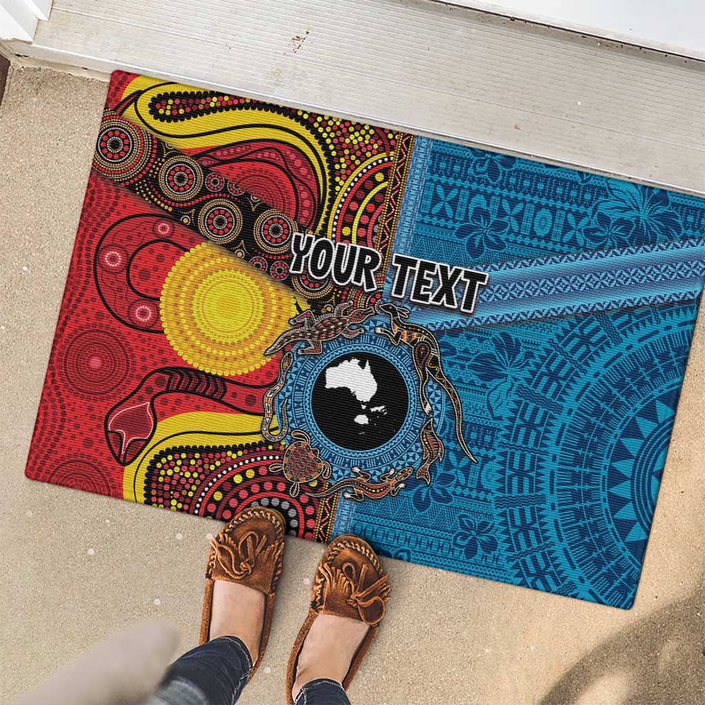 Personalised Australia and Fiji Together Rubber Doormat Tribal Palm Tree with Tapa and Aboriginal Animals Half Style