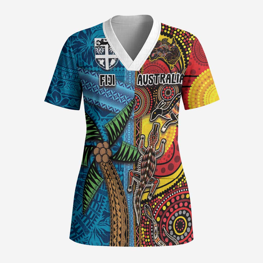 Personalised Australia and Fiji Together Scrub Top Tribal Palm Tree with Tapa and Aboriginal Animals Half Style - Polynesian Pride