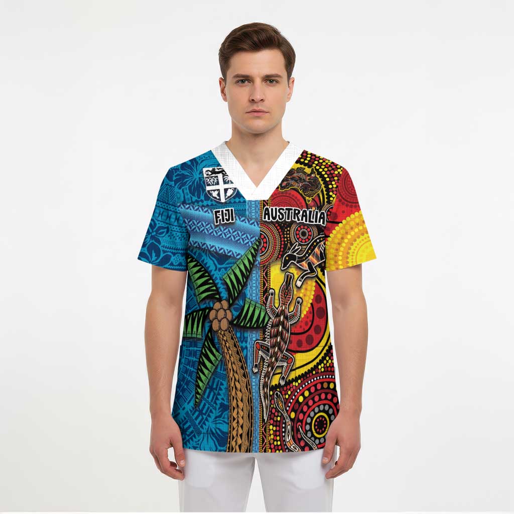 Personalised Australia and Fiji Together Scrub Top Tribal Palm Tree with Tapa and Aboriginal Animals Half Style - Polynesian Pride
