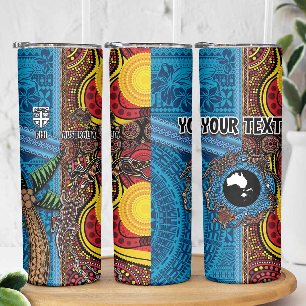 Personalised Australia and Fiji Together Skinny Tumbler Tribal Palm Tree with Tapa and Aboriginal Animals Half Style LT03 - Polynesian Pride