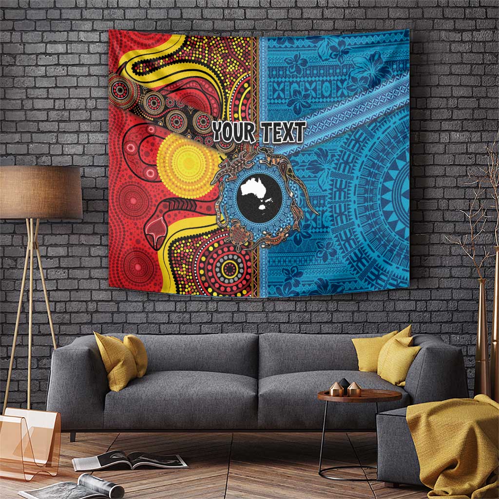 Personalised Australia and Fiji Together Tapestry Tribal Palm Tree with Tapa and Aboriginal Animals Half Style