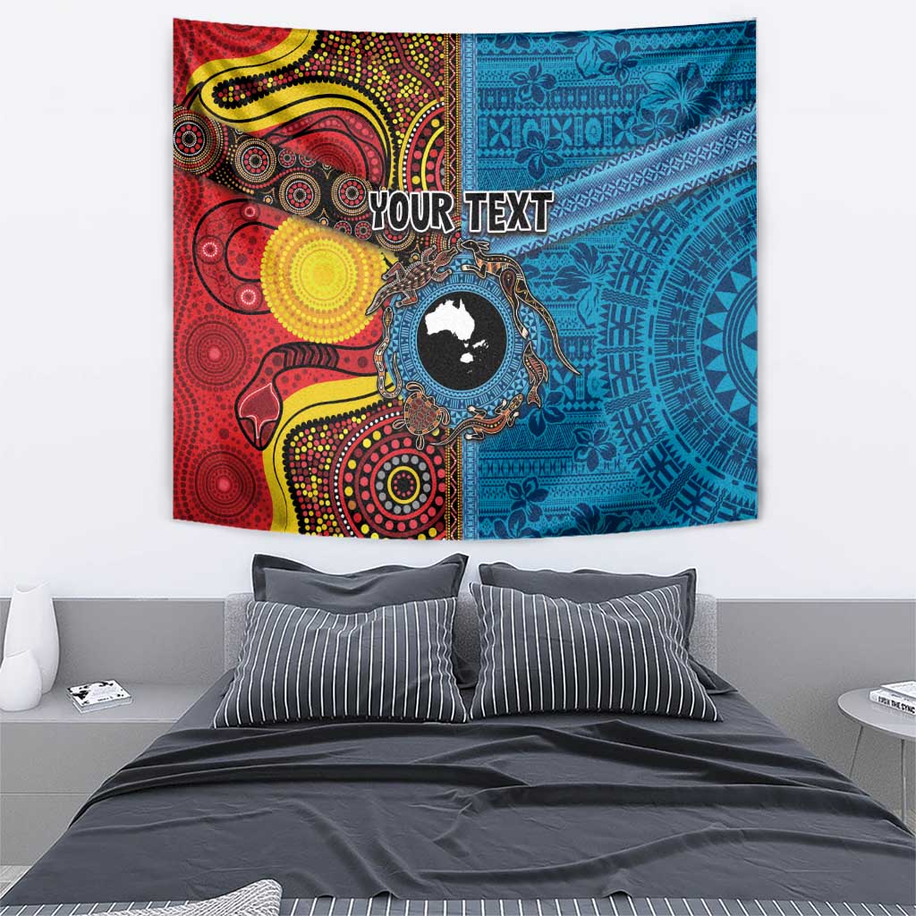 Personalised Australia and Fiji Together Tapestry Tribal Palm Tree with Tapa and Aboriginal Animals Half Style