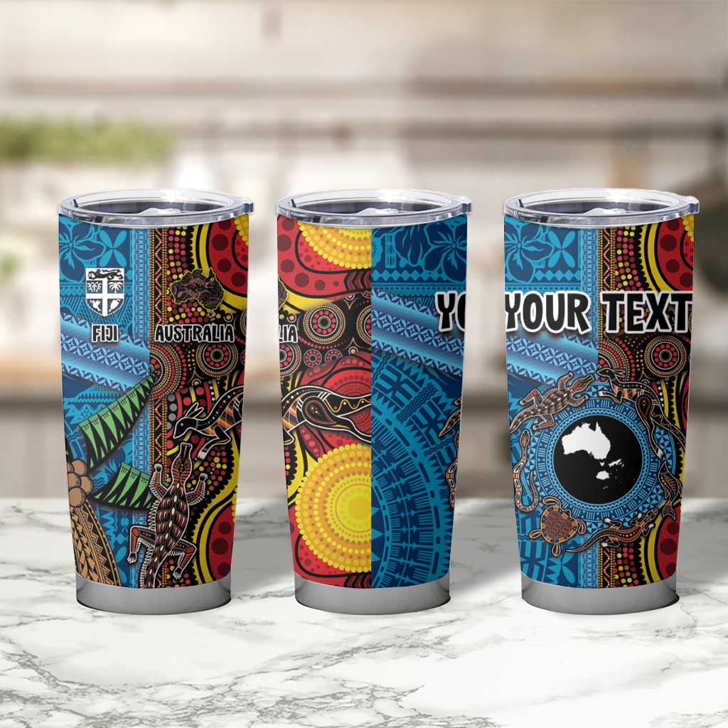 Personalised Australia and Fiji Together Tumbler Cup Tribal Palm Tree with Tapa and Aboriginal Animals Half Style