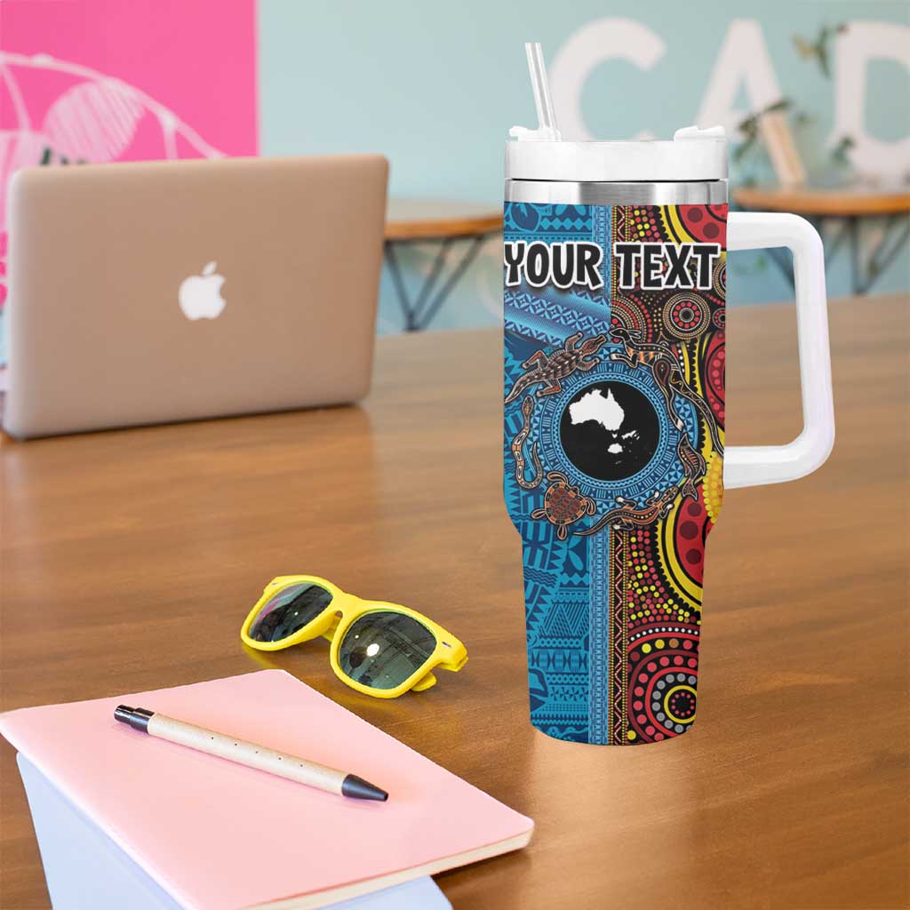 Personalised Australia and Fiji Together Tumbler With Handle Tribal Palm Tree with Tapa and Aboriginal Animals Half Style