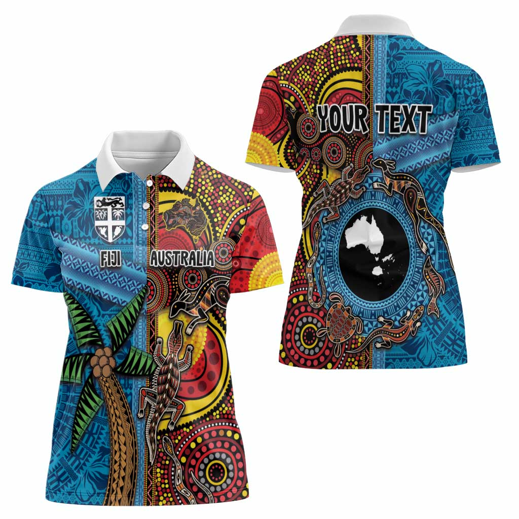 Personalised Australia and Fiji Together Women Polo Shirt Tribal Palm Tree with Tapa and Aboriginal Animals Half Style LT03 - Polynesian Pride