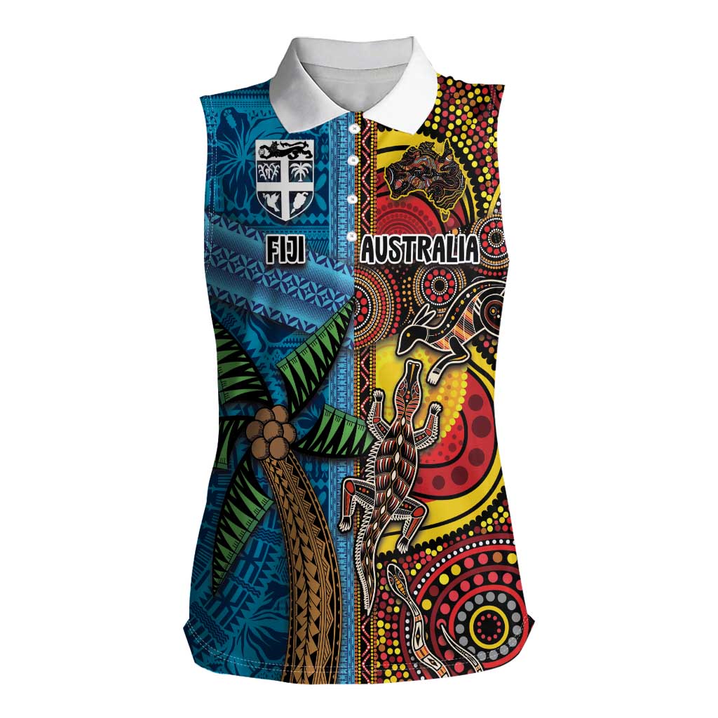 Personalised Australia and Fiji Together Women Sleeveless Polo Shirt Tribal Palm Tree with Tapa and Aboriginal Animals Half Style LT03 Female Blue - Polynesian Pride