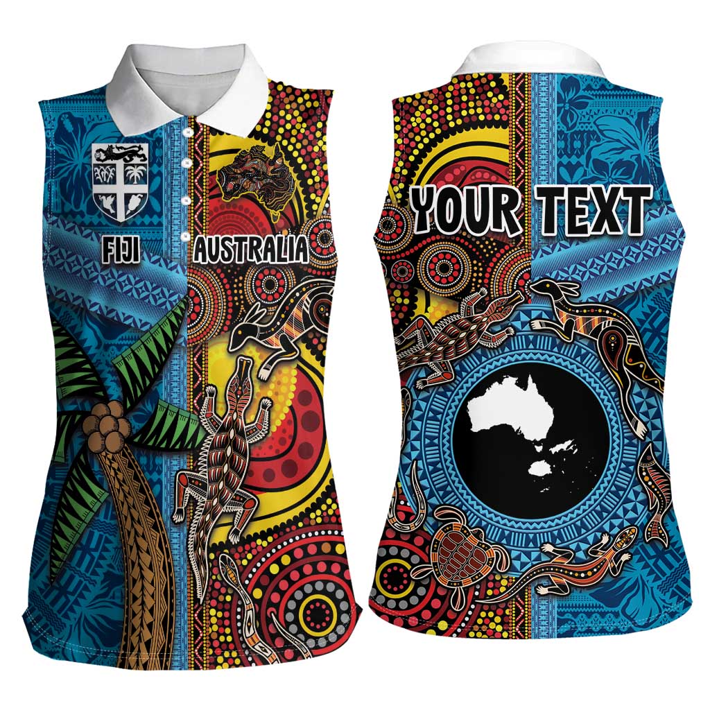 Personalised Australia and Fiji Together Women Sleeveless Polo Shirt Tribal Palm Tree with Tapa and Aboriginal Animals Half Style LT03 - Polynesian Pride
