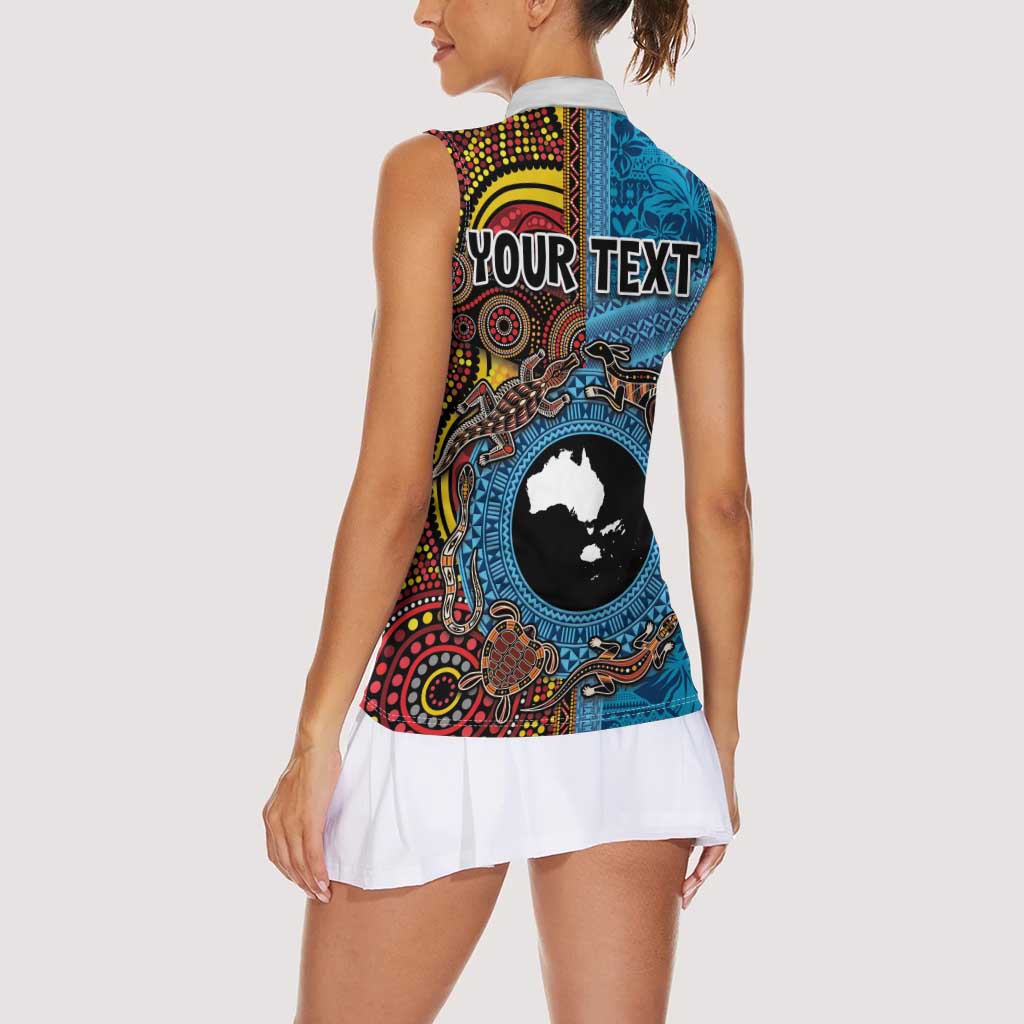 Personalised Australia and Fiji Together Women Sleeveless Polo Shirt Tribal Palm Tree with Tapa and Aboriginal Animals Half Style LT03 - Polynesian Pride