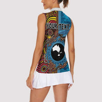 Personalised Australia and Fiji Together Women Sleeveless Polo Shirt Tribal Palm Tree with Tapa and Aboriginal Animals Half Style LT03 - Polynesian Pride