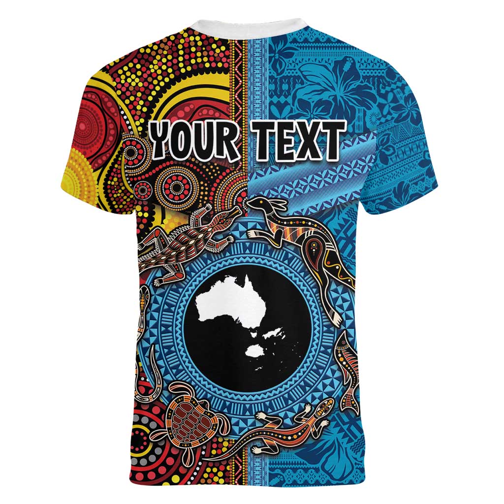 Personalised Australia and Fiji Together Women V-Neck T-Shirt Tribal Palm Tree with Tapa and Aboriginal Animals Half Style