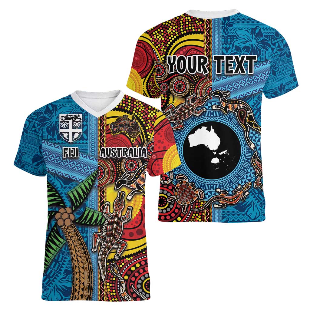 Personalised Australia and Fiji Together Women V-Neck T-Shirt Tribal Palm Tree with Tapa and Aboriginal Animals Half Style