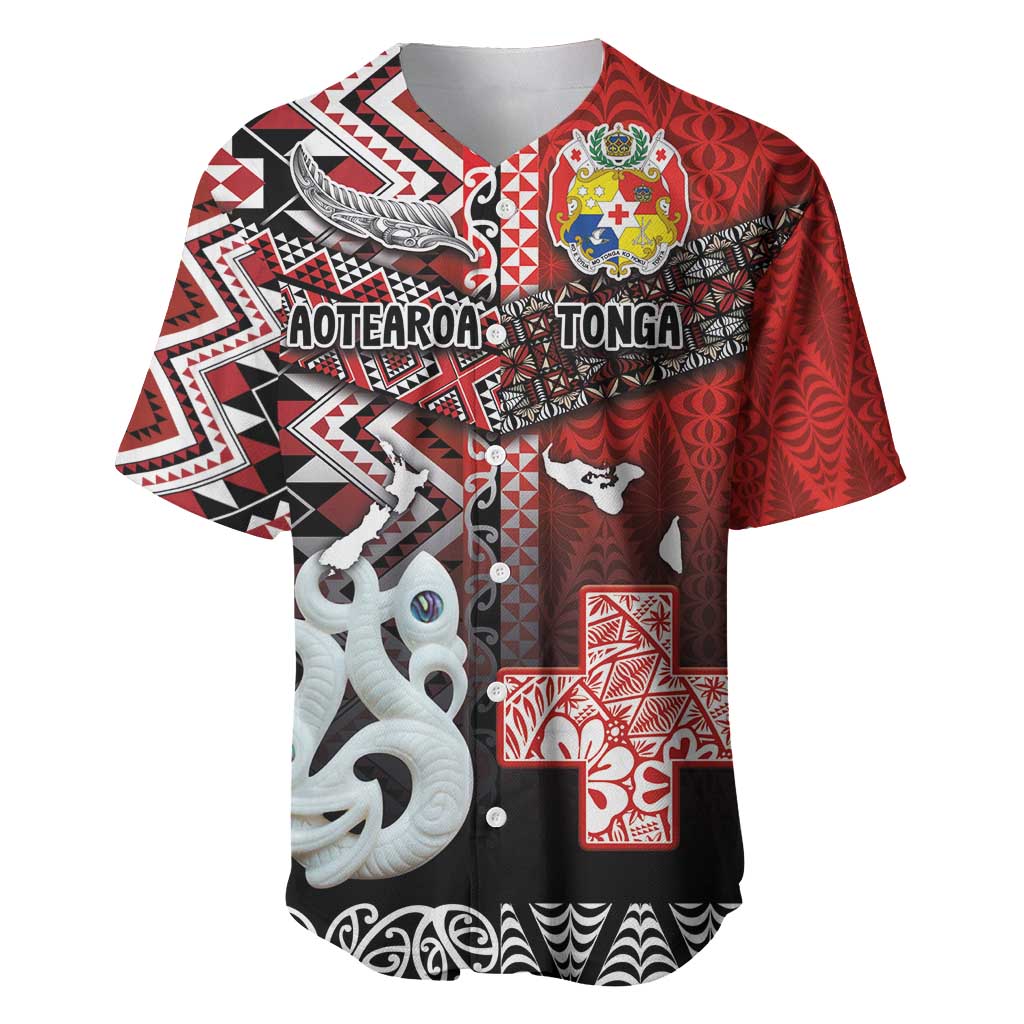 Personalised Aotearoa and Tonga Together Baseball Jersey Manaia and Tongan Tribal Cross - Taniko and Ngatu Art Tattoo