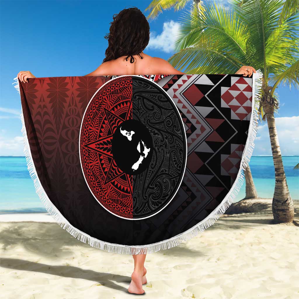 Personalised Aotearoa and Tonga Together Beach Blanket Manaia and Tongan Tribal Cross - Taniko and Ngatu Art Tattoo