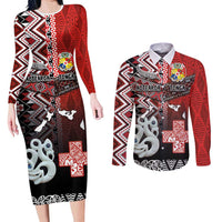 Personalised Aotearoa and Tonga Together Couples Matching Long Sleeve Bodycon Dress and Long Sleeve Button Shirt Manaia and Tongan Tribal Cross - Taniko and Ngatu Art Tattoo LT03 Red - Polynesian Pride