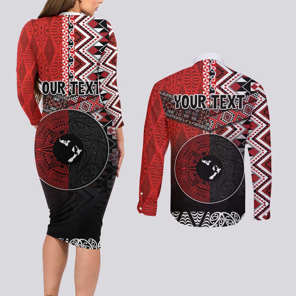 Personalised Aotearoa and Tonga Together Couples Matching Long Sleeve Bodycon Dress and Long Sleeve Button Shirt Manaia and Tongan Tribal Cross - Taniko and Ngatu Art Tattoo LT03 - Polynesian Pride