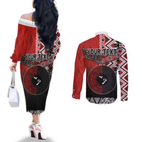 Personalised Aotearoa and Tonga Together Couples Matching Off The Shoulder Long Sleeve Dress and Long Sleeve Button Shirt Manaia and Tongan Tribal Cross - Taniko and Ngatu Art Tattoo LT03 - Polynesian Pride