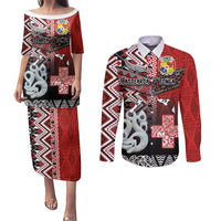 Personalised Aotearoa and Tonga Together Couples Matching Puletasi and Long Sleeve Button Shirt Manaia and Tongan Tribal Cross - Taniko and Ngatu Art Tattoo LT03 Red - Polynesian Pride