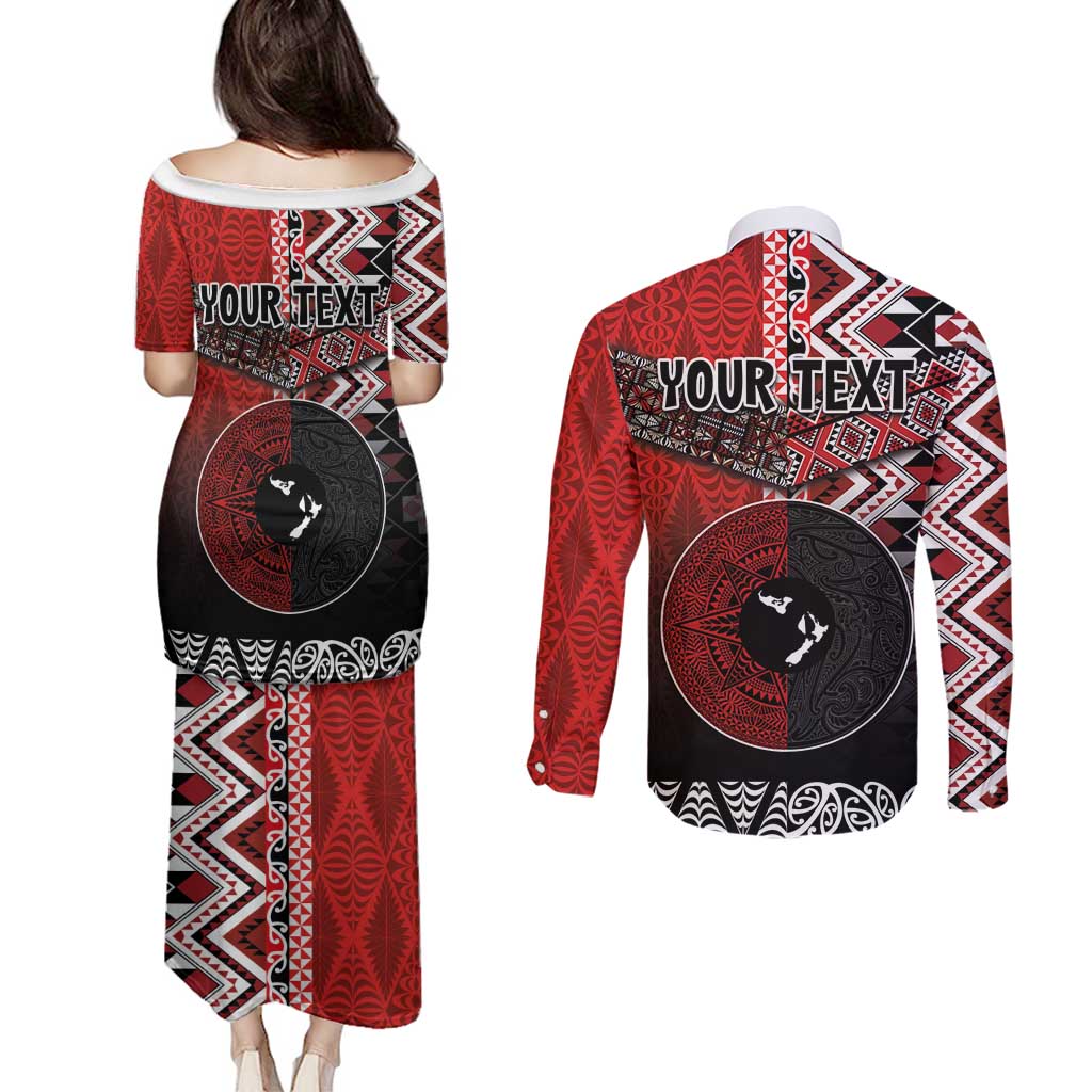 Personalised Aotearoa and Tonga Together Couples Matching Puletasi and Long Sleeve Button Shirt Manaia and Tongan Tribal Cross - Taniko and Ngatu Art Tattoo LT03 - Polynesian Pride