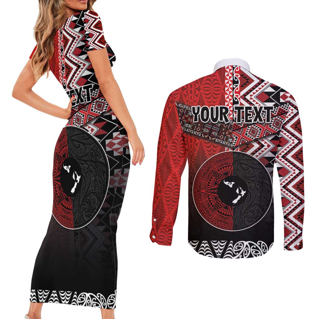 Personalised Aotearoa and Tonga Together Couples Matching Short Sleeve Bodycon Dress and Long Sleeve Button Shirt Manaia and Tongan Tribal Cross - Taniko and Ngatu Art Tattoo LT03 - Polynesian Pride