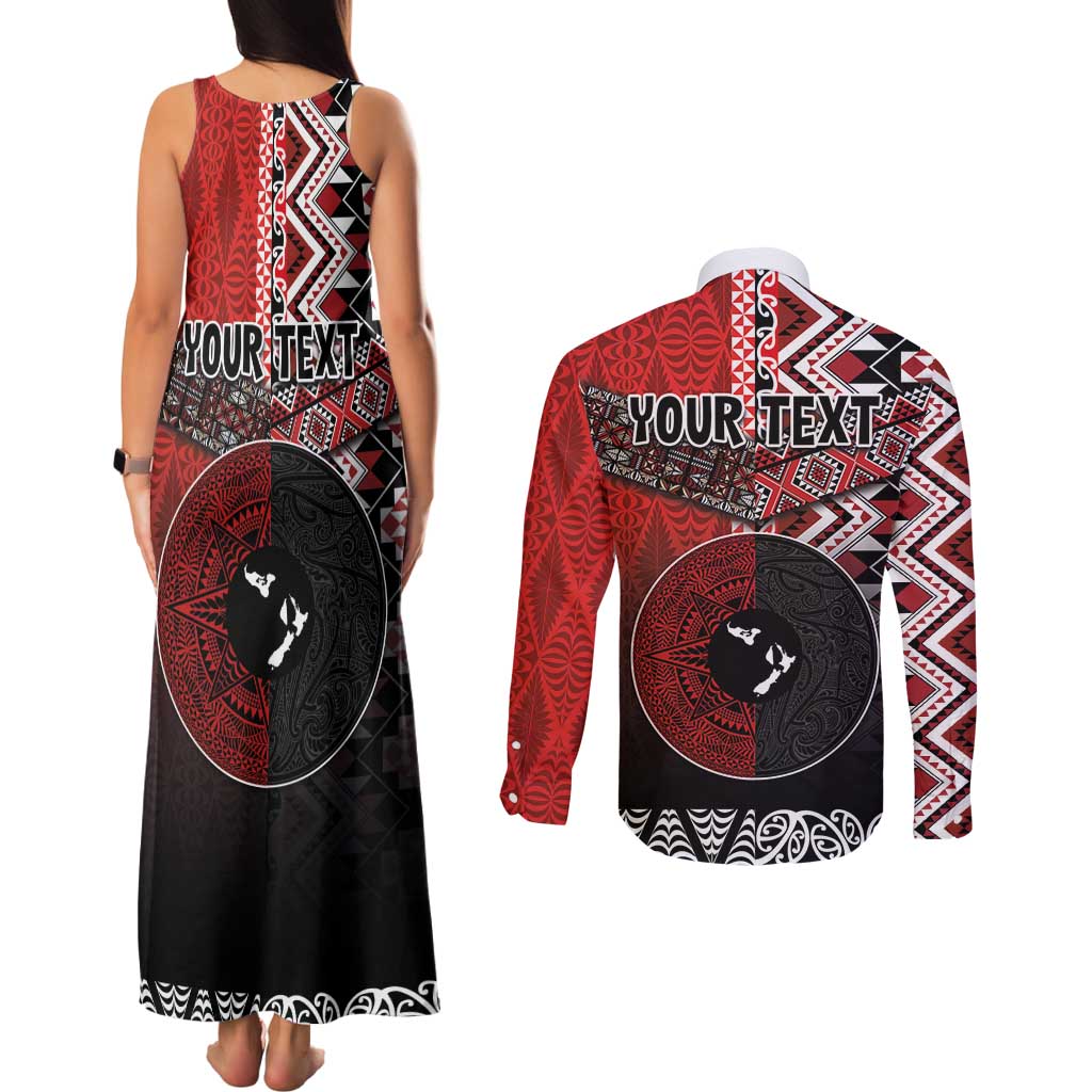 Personalised Aotearoa and Tonga Together Couples Matching Tank Maxi Dress and Long Sleeve Button Shirt Manaia and Tongan Tribal Cross - Taniko and Ngatu Art Tattoo LT03 - Polynesian Pride