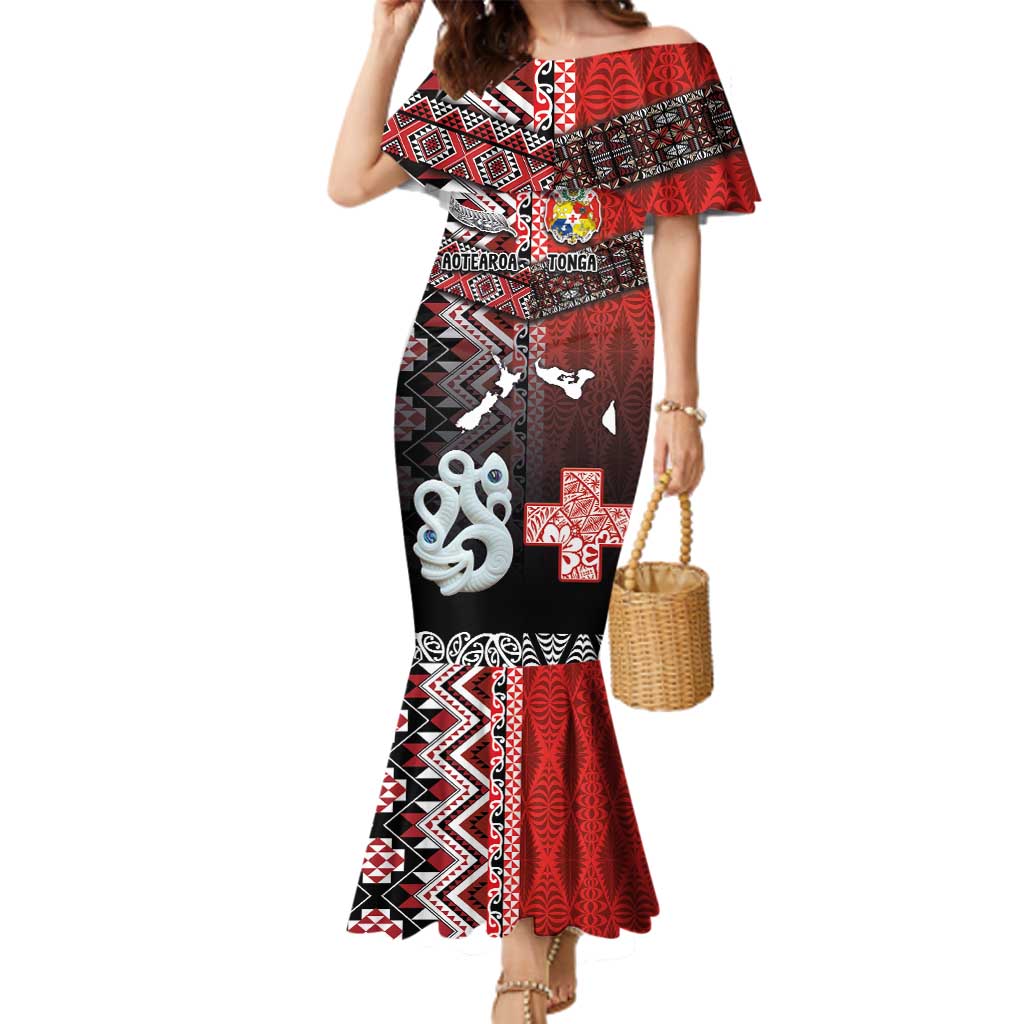 Personalised Aotearoa and Tonga Together Family Matching Mermaid Dress and Hawaiian Shirt Manaia and Tongan Tribal Cross - Taniko and Ngatu Art Tattoo