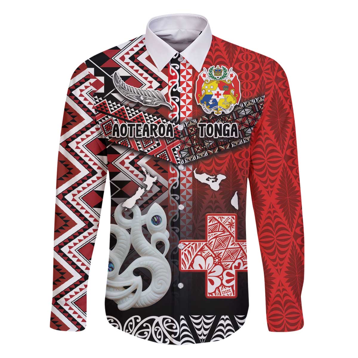 Personalised Aotearoa and Tonga Together Family Matching Off The Shoulder Long Sleeve Dress and Hawaiian Shirt Manaia and Tongan Tribal Cross - Taniko and Ngatu Art Tattoo