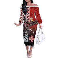 Personalised Aotearoa and Tonga Together Family Matching Off The Shoulder Long Sleeve Dress and Hawaiian Shirt Manaia and Tongan Tribal Cross - Taniko and Ngatu Art Tattoo