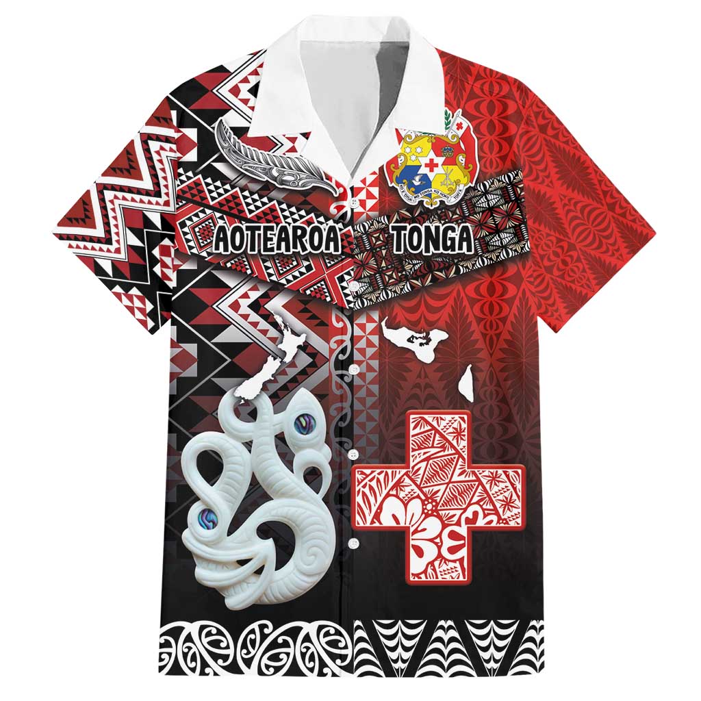 Personalised Aotearoa and Tonga Together Family Matching Short Sleeve Bodycon Dress and Hawaiian Shirt Manaia and Tongan Tribal Cross - Taniko and Ngatu Art Tattoo