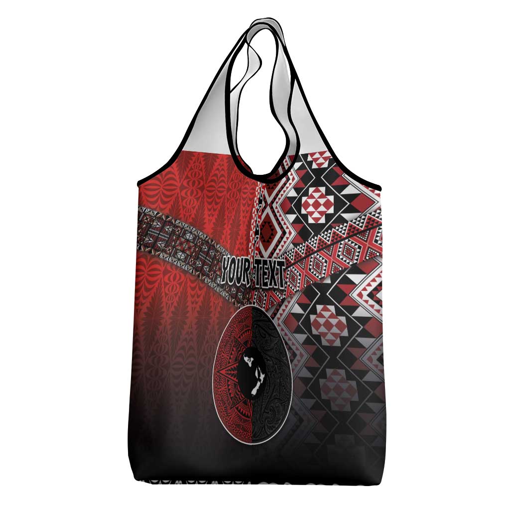 Personalised Aotearoa and Tonga Together Grocery Bag Manaia and Tongan Tribal Cross - Taniko and Ngatu Art Tattoo