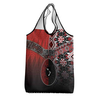 Personalised Aotearoa and Tonga Together Grocery Bag Manaia and Tongan Tribal Cross - Taniko and Ngatu Art Tattoo