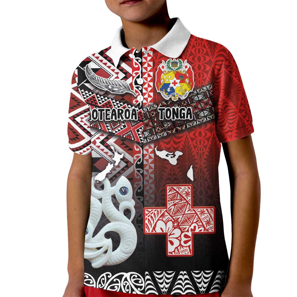 Personalised Aotearoa and Tonga Together Kid Polo Shirt Manaia and Tongan Tribal Cross - Taniko and Ngatu Art Tattoo LT03 Kid Red - Polynesian Pride