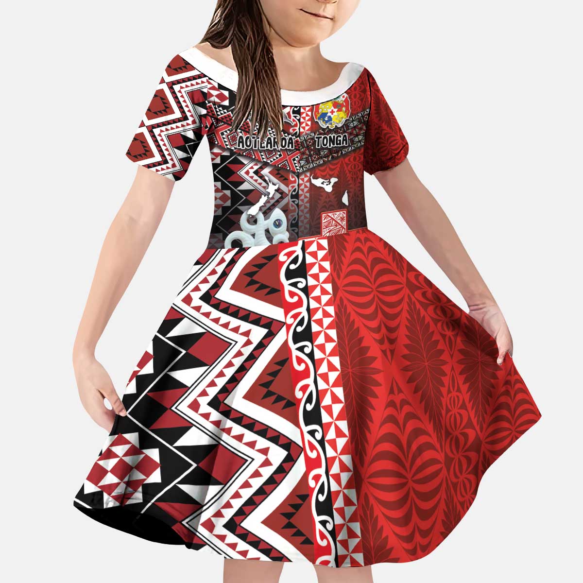 Personalised Aotearoa and Tonga Together Kid Short Sleeve Dress Manaia and Tongan Tribal Cross - Taniko and Ngatu Art Tattoo LT03 KID Red - Polynesian Pride