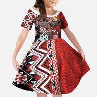 Personalised Aotearoa and Tonga Together Kid Short Sleeve Dress Manaia and Tongan Tribal Cross - Taniko and Ngatu Art Tattoo LT03 KID Red - Polynesian Pride