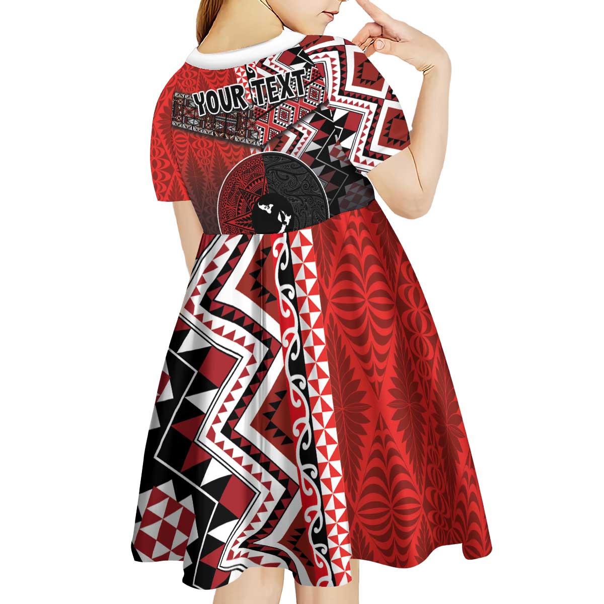Personalised Aotearoa and Tonga Together Kid Short Sleeve Dress Manaia and Tongan Tribal Cross - Taniko and Ngatu Art Tattoo LT03 - Polynesian Pride