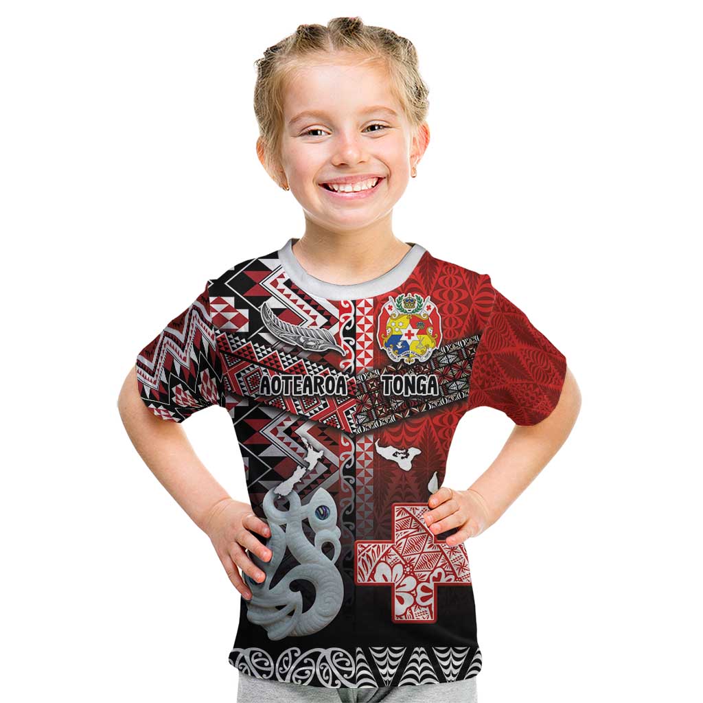 Personalised Aotearoa and Tonga Together Kid T Shirt Manaia and Tongan Tribal Cross - Taniko and Ngatu Art Tattoo