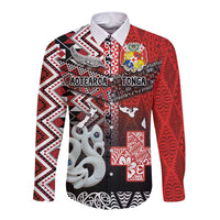 Personalised Aotearoa and Tonga Together Long Sleeve Button Shirt Manaia and Tongan Tribal Cross - Taniko and Ngatu Art Tattoo LT03 Unisex Red - Polynesian Pride