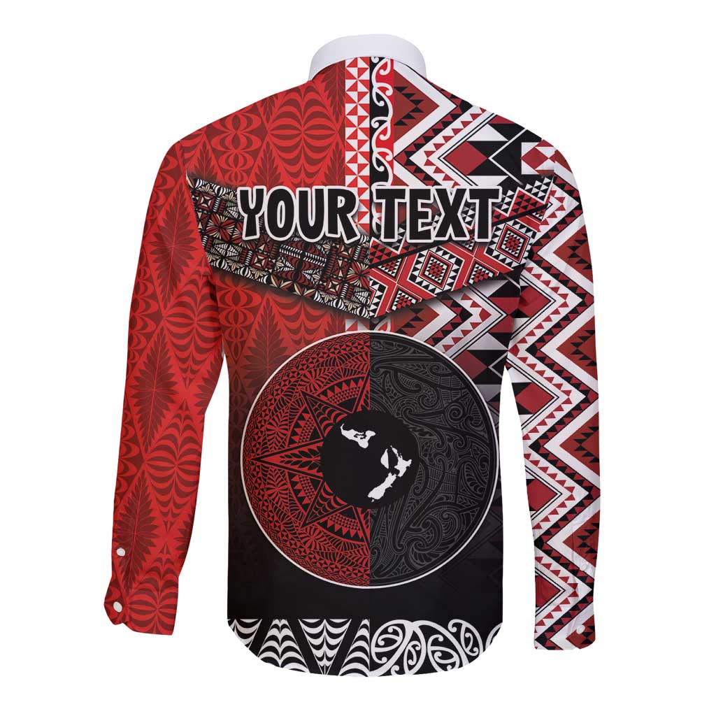 Personalised Aotearoa and Tonga Together Long Sleeve Button Shirt Manaia and Tongan Tribal Cross - Taniko and Ngatu Art Tattoo LT03 - Polynesian Pride